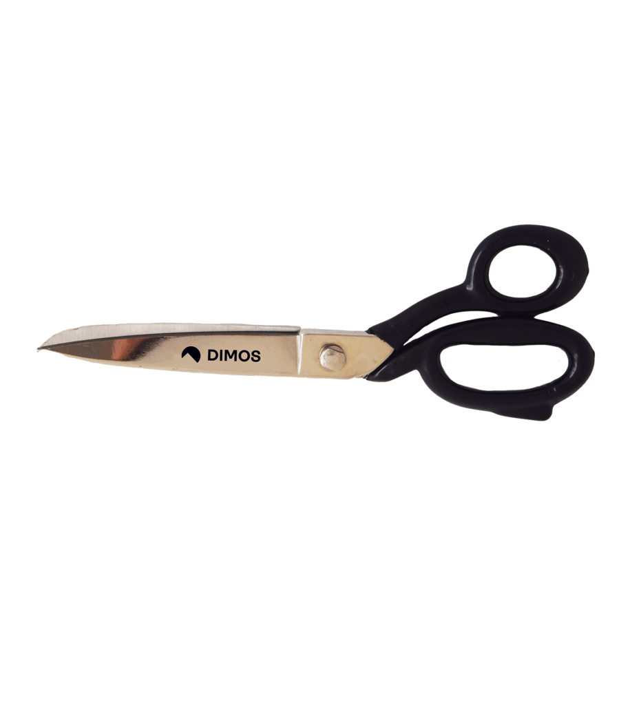 Metal scissors with black handles.