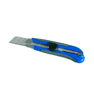 Cutter bleu avec lame rétractable métallique.