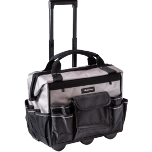 Tool bag on wheels, black and gray, outdoor pockets.