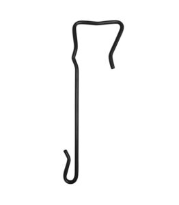 Black metal hook on white background.