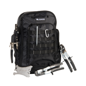 Black tool bag with various attached tools.