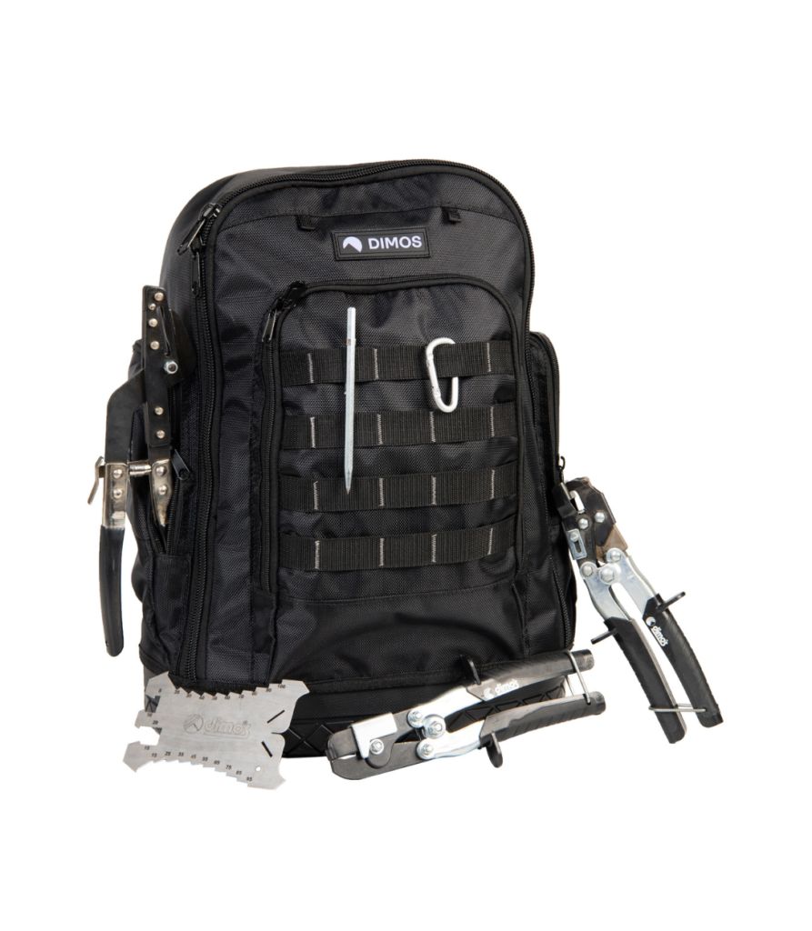 Black tool bag with various attached tools.