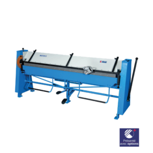 Industrial blue sheet metal folding with manual lever.