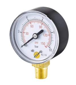 Dimos Pressure Gauge displaying pressure in psi and bar.