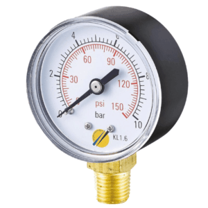 Dimos Pressure Gauge displaying pressure in psi and bar.