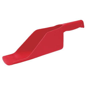 Red plastic shovel with long handle.